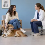 Un vétérinaire écoute une propriétaire accompagnée de son chien et de son chat en caisse de transport.