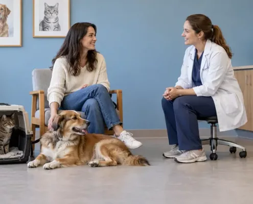 Un vétérinaire écoute une propriétaire accompagnée de son chien et de son chat en caisse de transport.