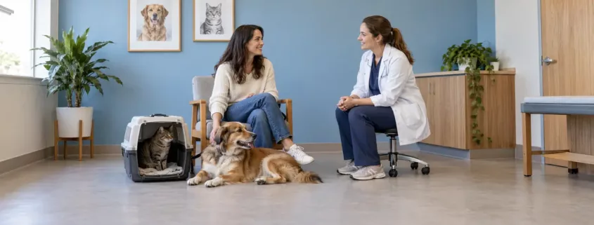 Un vétérinaire écoute une propriétaire accompagnée de son chien et de son chat en caisse de transport.
