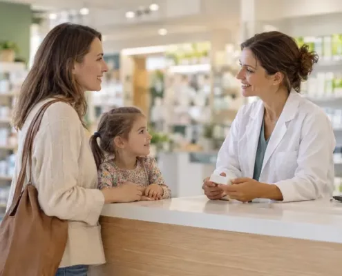 Un parent accompagné de son enfant échange avec une pharmacienne au comptoir.