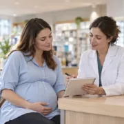 Une femme enceinte échange avec une pharmacienne, un carnet ouvert devant elles.
