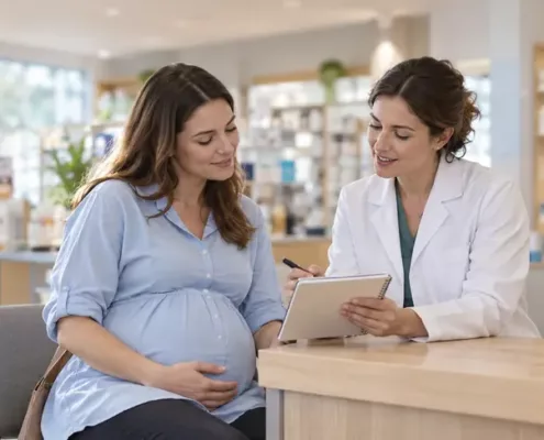 Une femme enceinte échange avec une pharmacienne, un carnet ouvert devant elles.