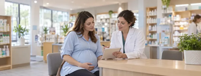 Une femme enceinte échange avec une pharmacienne, un carnet ouvert devant elles.