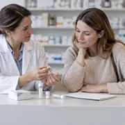 Une pharmacienne présente un tube homéopathique à une patiente au comptoir.