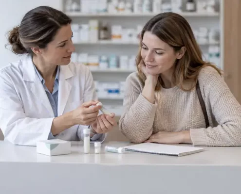 Une pharmacienne présente un tube homéopathique à une patiente au comptoir.