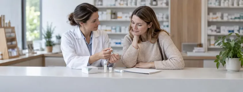 Une pharmacienne présente un tube homéopathique à une patiente au comptoir.