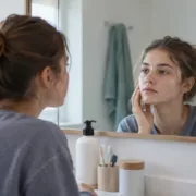 Une adolescente observe dans un miroir quelques boutons sur sa joue.