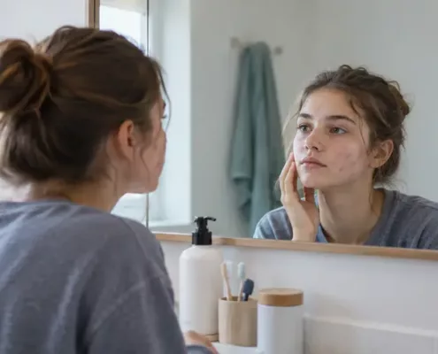 Une adolescente observe dans un miroir quelques boutons sur sa joue.