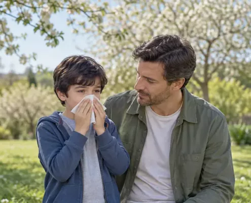 Un enfant utilise un mouchoir à côté de son père dans un jardin.