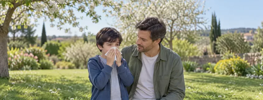 Un enfant utilise un mouchoir à côté de son père dans un jardin.