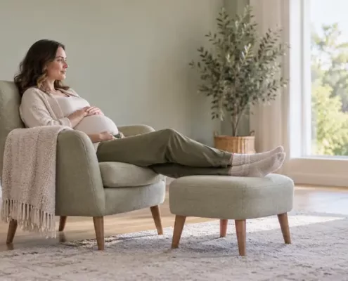 Une femme enceinte repose ses jambes sur un repose-pieds dans son salon.