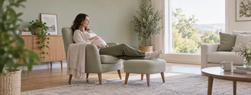 Une femme enceinte repose ses jambes sur un repose-pieds dans son salon.