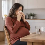 Une femme enceinte assise utilise un mouchoir, un verre d’eau posé près d’elle.