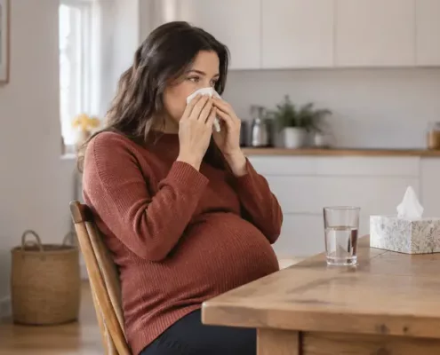 Une femme enceinte assise utilise un mouchoir, un verre d’eau posé près d’elle.