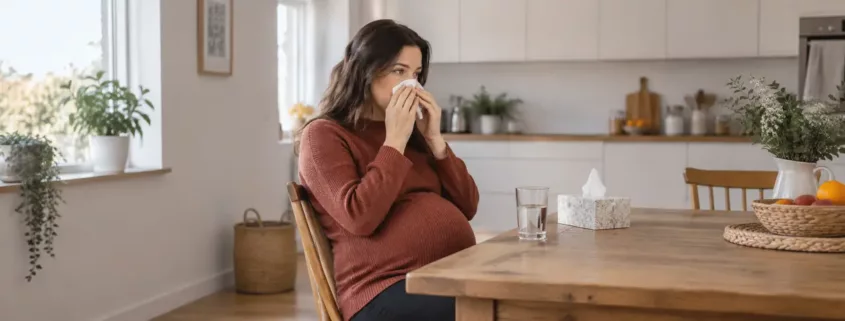 Une femme enceinte assise utilise un mouchoir, un verre d’eau posé près d’elle.