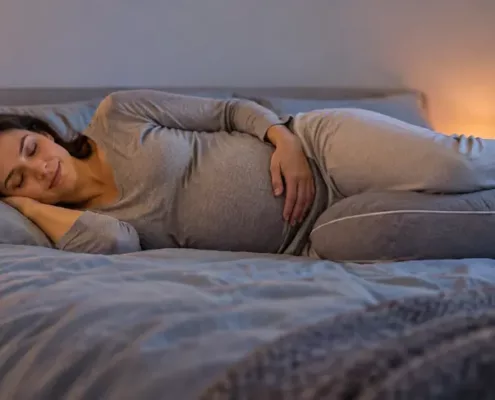 Une femme enceinte est allongée sur le côté avec un coussin de grossesse.
