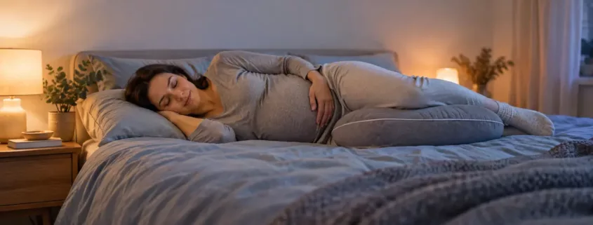 Une femme enceinte est allongée sur le côté avec un coussin de grossesse.