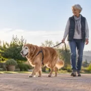 Un chien âgé marche tranquillement en laisse sur un chemin plat avec sa propriétaire.