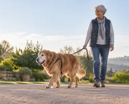 Un chien âgé marche tranquillement en laisse sur un chemin plat avec sa propriétaire.