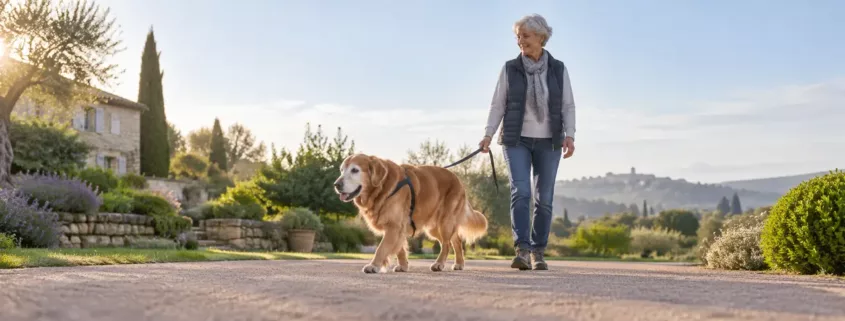 Un chien âgé marche tranquillement en laisse sur un chemin plat avec sa propriétaire.