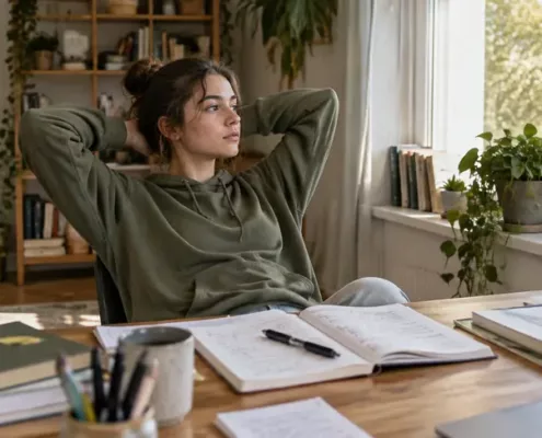 Une adolescente fait une pause devant ses cahiers ouverts.