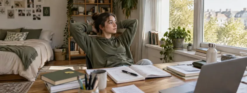 Une adolescente fait une pause devant ses cahiers ouverts.