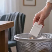 Une main dépose un paquet de cigarettes fermé dans une corbeille.