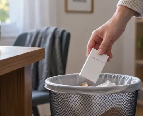 Une main dépose un paquet de cigarettes fermé dans une corbeille.
