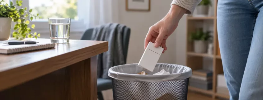 Une main dépose un paquet de cigarettes fermé dans une corbeille.