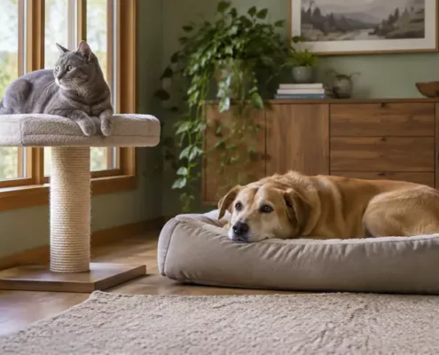 Un chat installé en hauteur observe un chien qui se repose dans le salon.