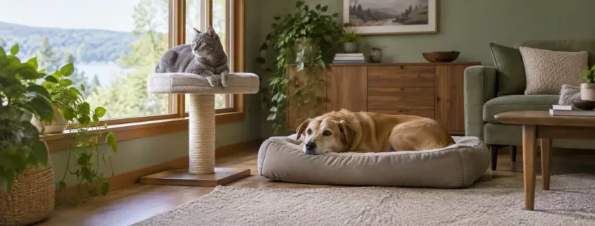 Un chat installé en hauteur observe un chien qui se repose dans le salon.