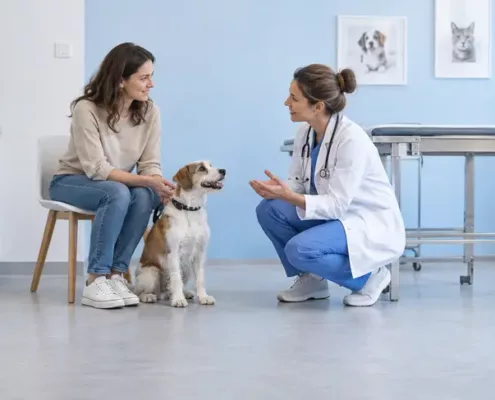 Une propriétaire et un vétérinaire observent un chien assis dans une salle de consultation.