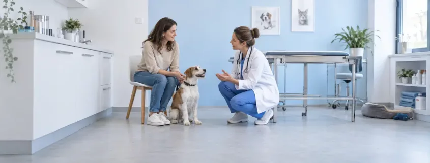 Une propriétaire et un vétérinaire observent un chien assis dans une salle de consultation.