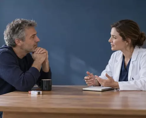Un homme échange avec une professionnelle de santé dans un espace de consultation.
