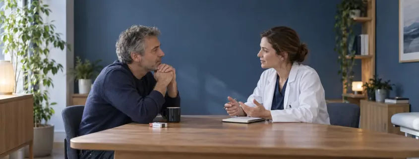 Un homme échange avec une professionnelle de santé dans un espace de consultation.