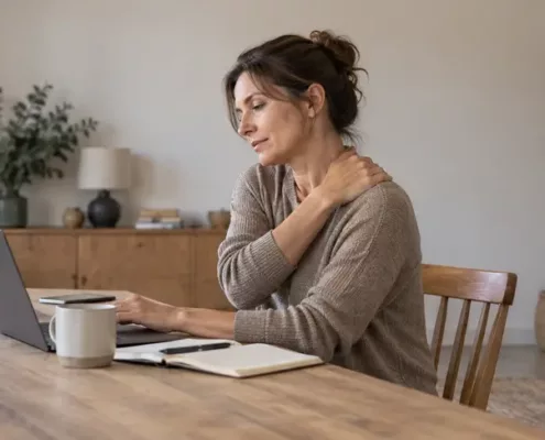 Une femme assise à son bureau pose une main sur son épaule.