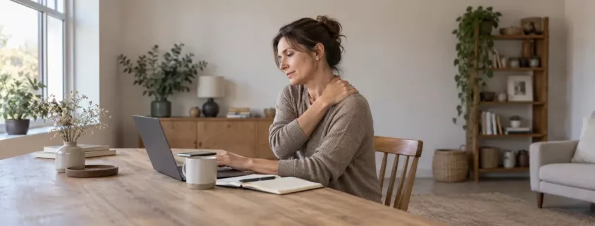 Une femme assise à son bureau pose une main sur son épaule.