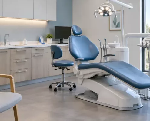 Un fauteuil dentaire et une lampe d’examen dans un cabinet lumineux.