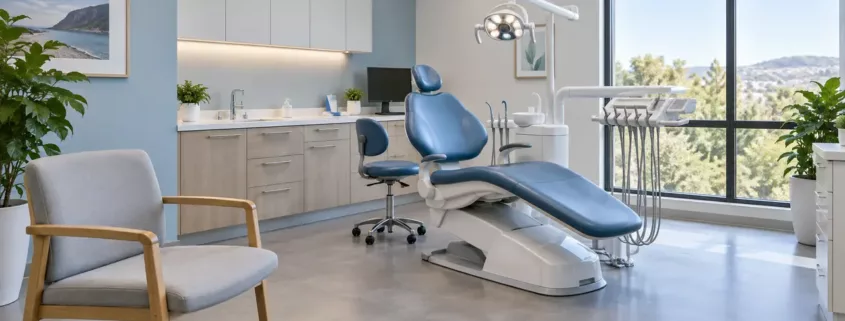 Un fauteuil dentaire et une lampe d’examen dans un cabinet lumineux.
