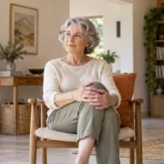 Une femme âgée assise pose ses mains sur son genou.