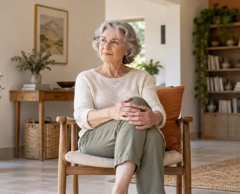 Une femme âgée assise pose ses mains sur son genou.