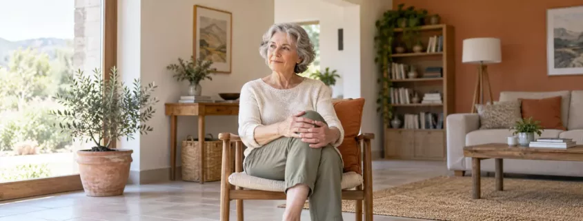 Une femme âgée assise pose ses mains sur son genou.