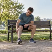 Un coureur assis sur un banc pose une main sur son mollet après une séance.