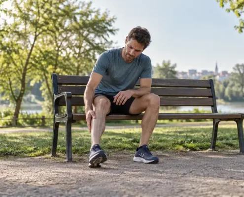 Un coureur assis sur un banc pose une main sur son mollet après une séance.