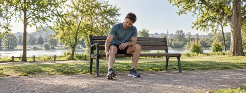 Un coureur assis sur un banc pose une main sur son mollet après une séance.