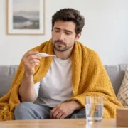 Un adulte regarde un thermomètre, assis au bord de son canapé.