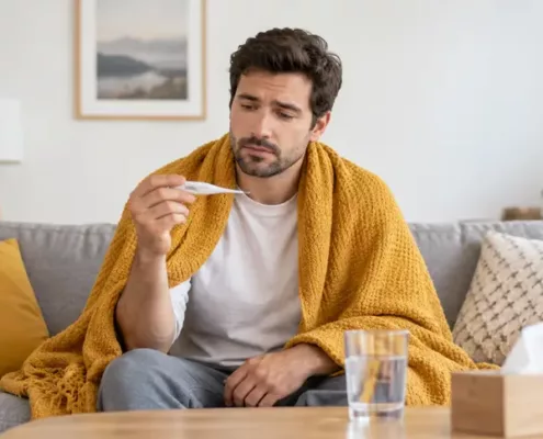 Un adulte regarde un thermomètre, assis au bord de son canapé.