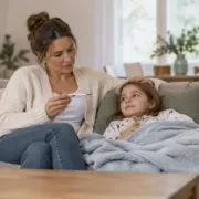 Un parent lit un thermomètre à côté de son enfant allongé sur le canapé.