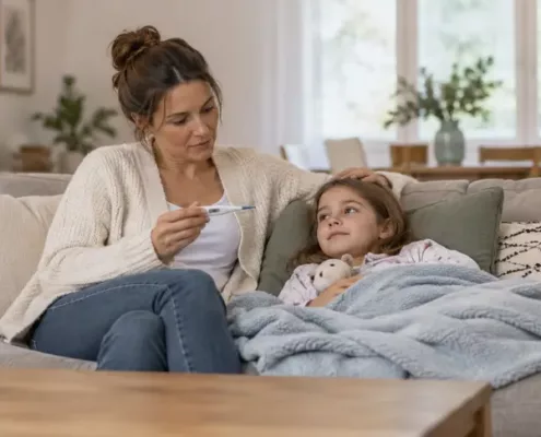 Un parent lit un thermomètre à côté de son enfant allongé sur le canapé.