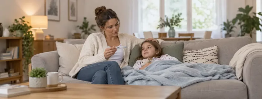 Un parent lit un thermomètre à côté de son enfant allongé sur le canapé.